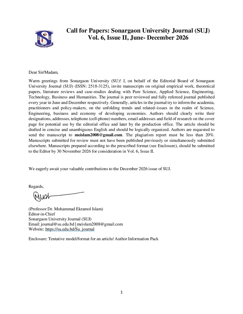 First page of the call for papers for Vol. 6, Issue II