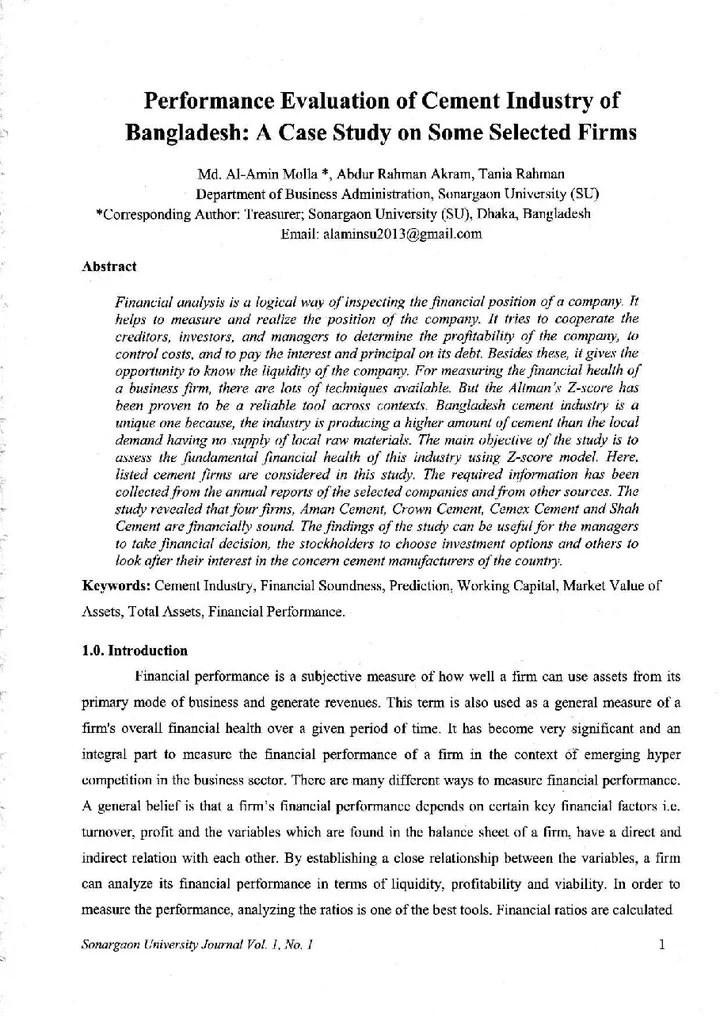 First page of Performance Evaluation of Cement Industry of Bangladesh: A Case Study on Some Selected Firms