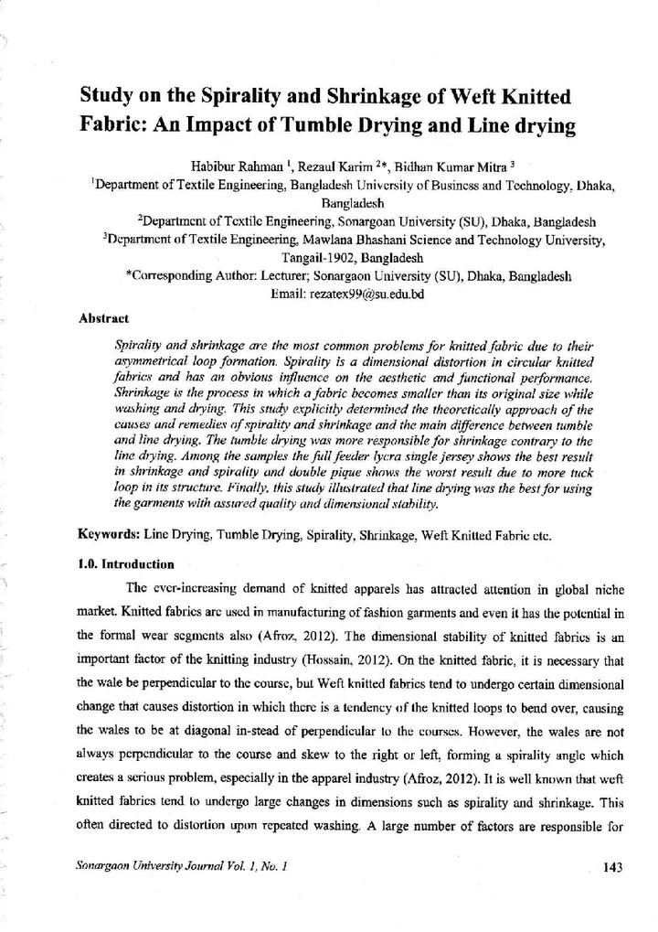 First page of Study on the Spirality and Shrinkage of Weft Knitted Fabric: An Impact of Tumble Drying and Line drying
