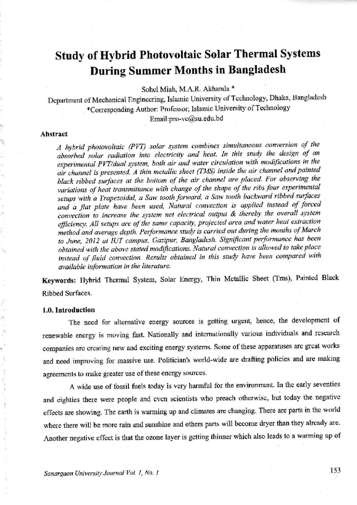 First page of Study of Hybrid Photovoltaic Solar Thermal Systems During Summer Months in Bangladesh
