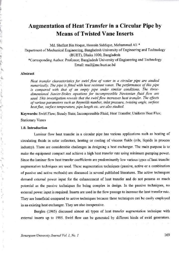 First page of Augmentation of Heat Transfer in a Circular Pipe by Means of Twisted Vane Inserts