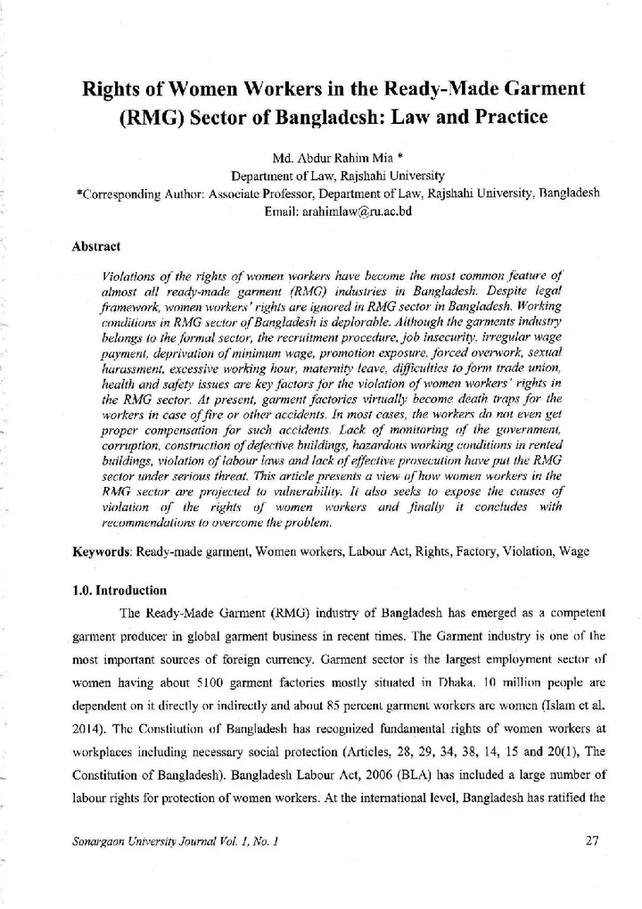 First page of Rights of Women Workers in the Ready-Made Garment (RMG) Sector of Bangladesh: Law and Practice
