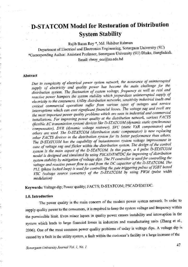 First page of D-STATCOM Model for Restoration of Distribution System Stability