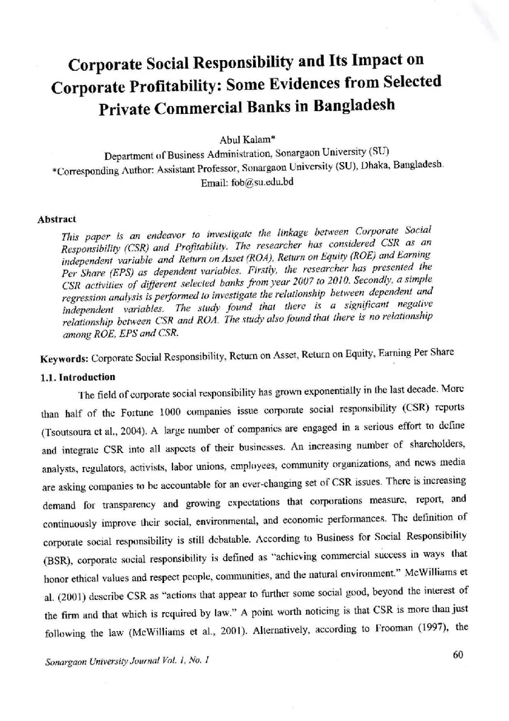 First page of Corporate Social Responsibility and Its Impact on Corporate Profitability: Some Evidences from Selected Private Commercial Banks in Bangladesh