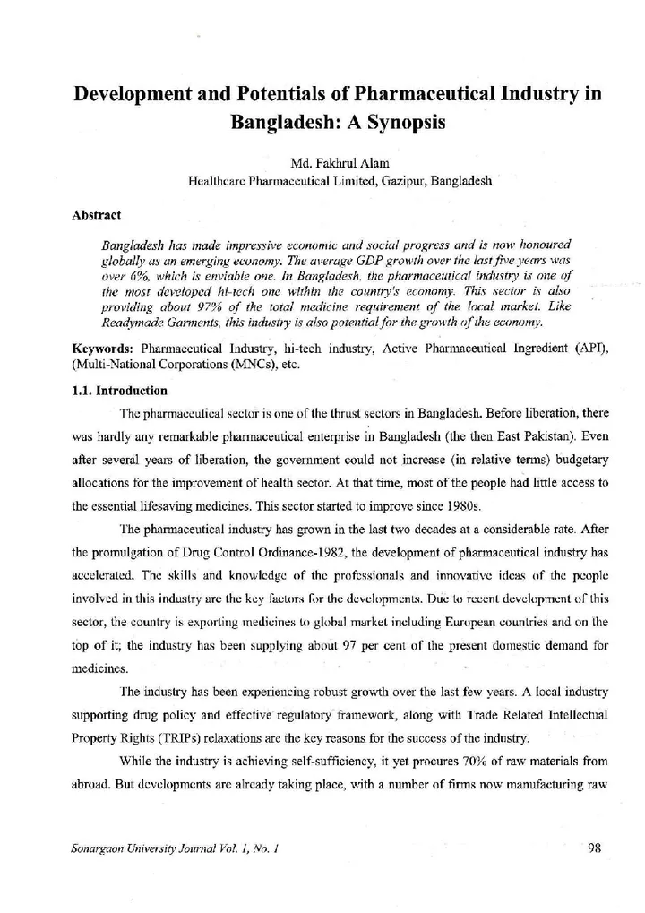 First page of Development and Potentials of Pharmaceutical Industry in Bangladesh: A Synopsis
