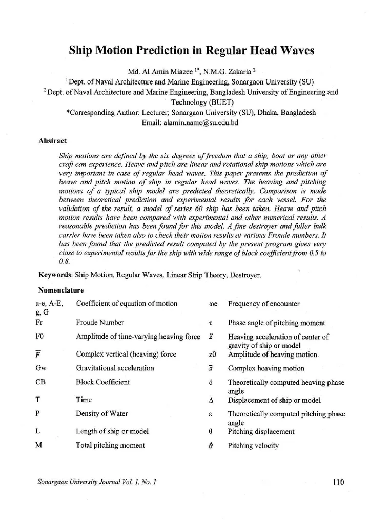 First page of Ship Motion Prediction in Regular Head Waves