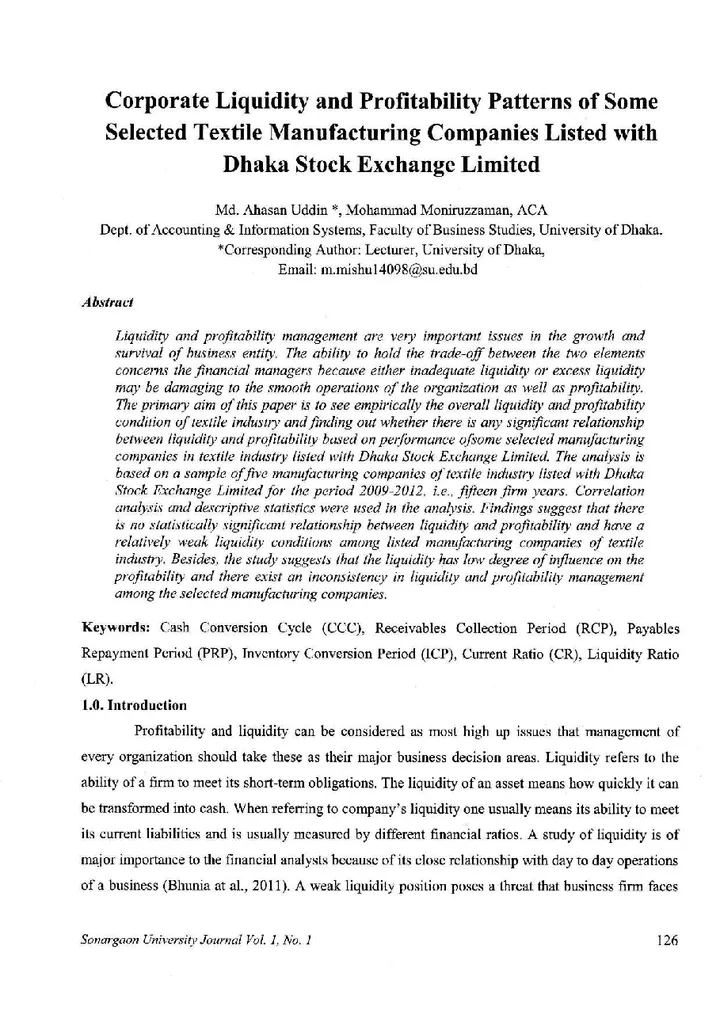 First page of Corporate Liquidity and Profitability Patterns of Some Selected Textile Manufacturing Companies Listed with Dhaka Stock Exchange Limited