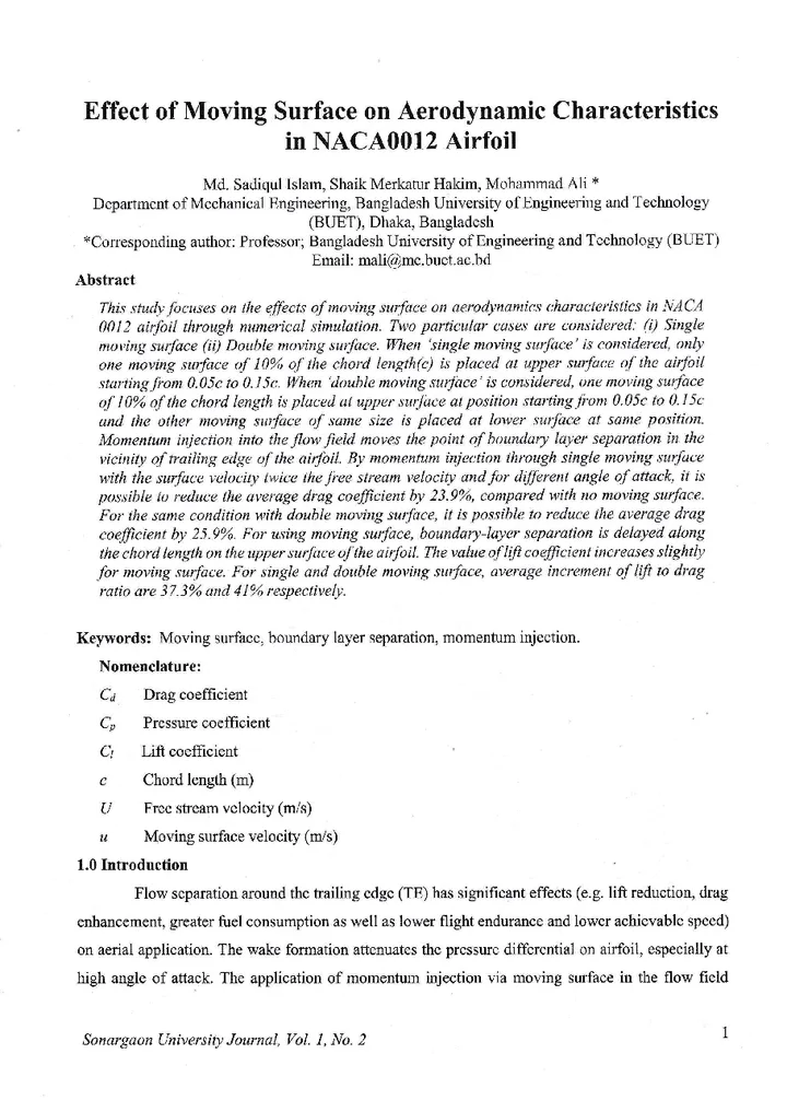 First page of Effect of Moving Surface on Aerodynamic Characteristics in NACA0012 Airfoil