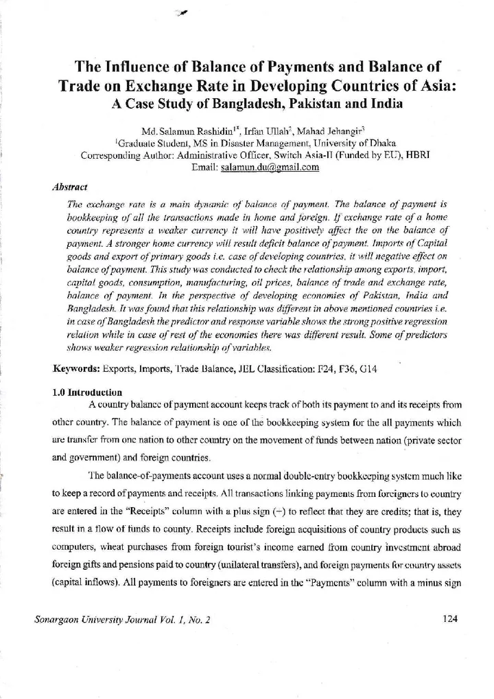 First page of The Influence of Balance of Payments and Balance of Trade on Exchange Rate in Developing Countries of Asia: A Case Study of Bangladesh, Pakistan and India