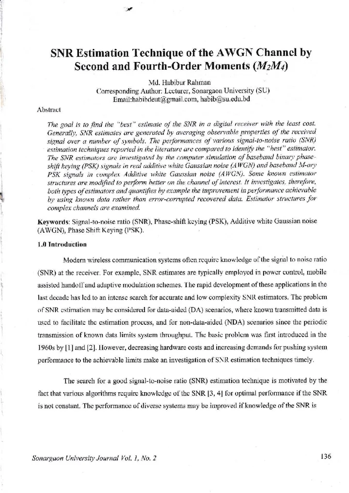 First page of SNR Estimation Technique of the AWGN Channel by Second and Fourth-Order Moments (M2M4)