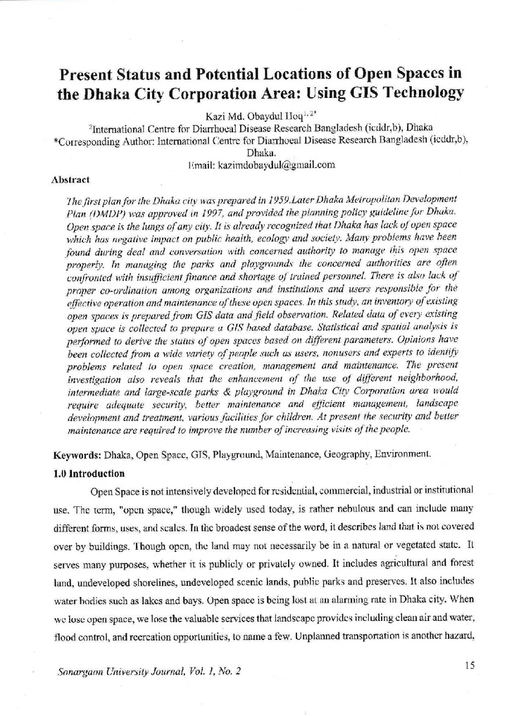 First page of Present Status and Potential Locations of Open Spaces in the Dhaka City Corporation Area: Using GIS Technology