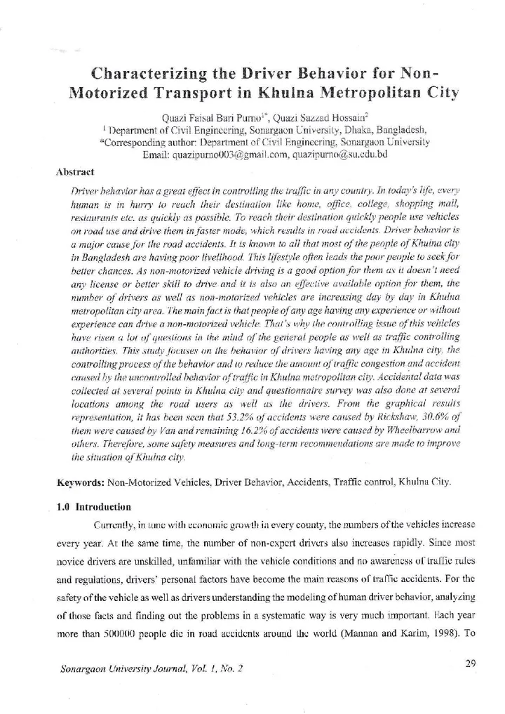 First page of Characterizing the Driver Behavior for Non-Motorized Transport in Khulna Metropolitan City