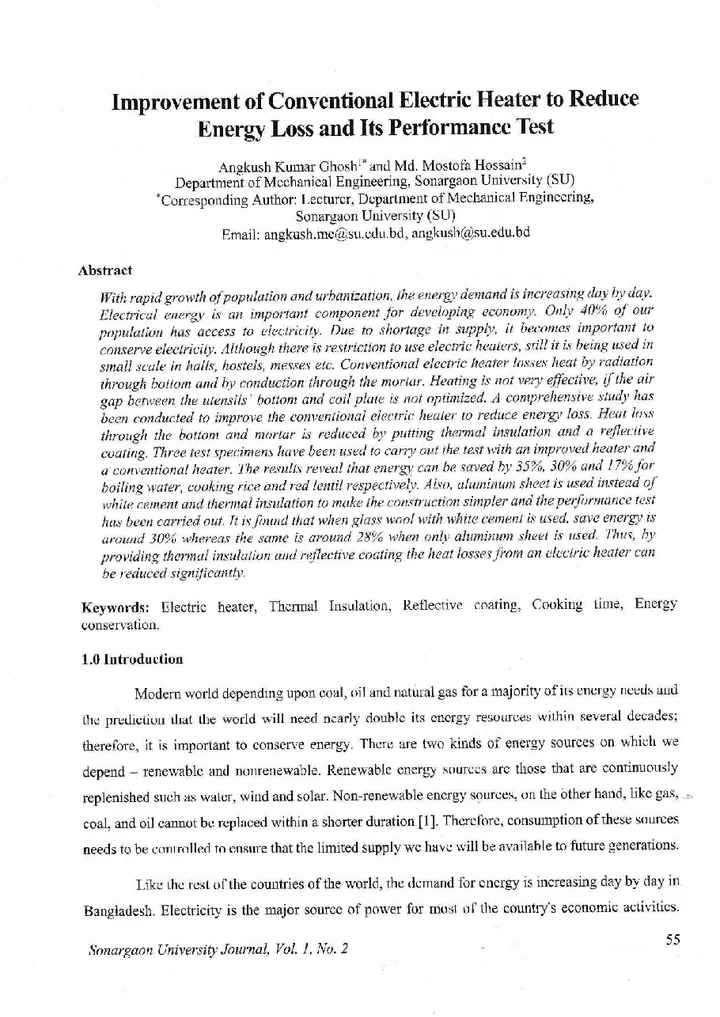 First page of Improvement of Conventional Electric Heater to Reduce Energy Loss and Its Performance Test