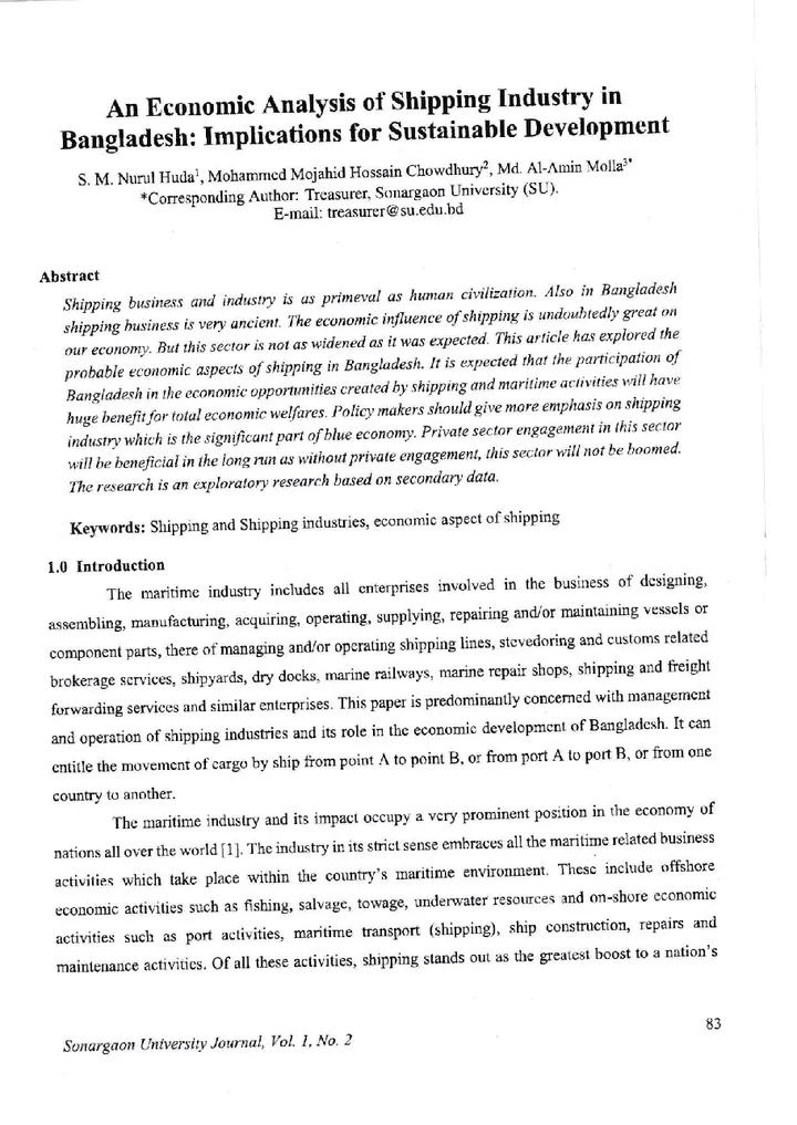 First page of An Economic Analysis of Shipping Industry in Bangladesh: Implications for Sustainable Development