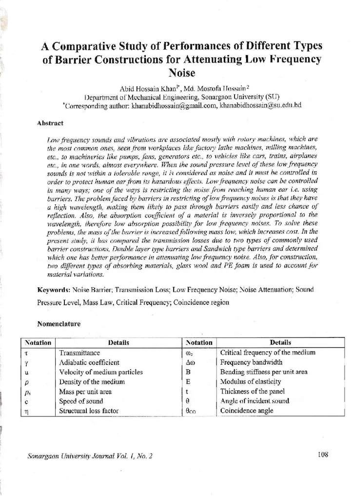 First page of A Comparative Study of Performances of Different Types of Barrier Constructions for Attenuating Low Frequency Noise