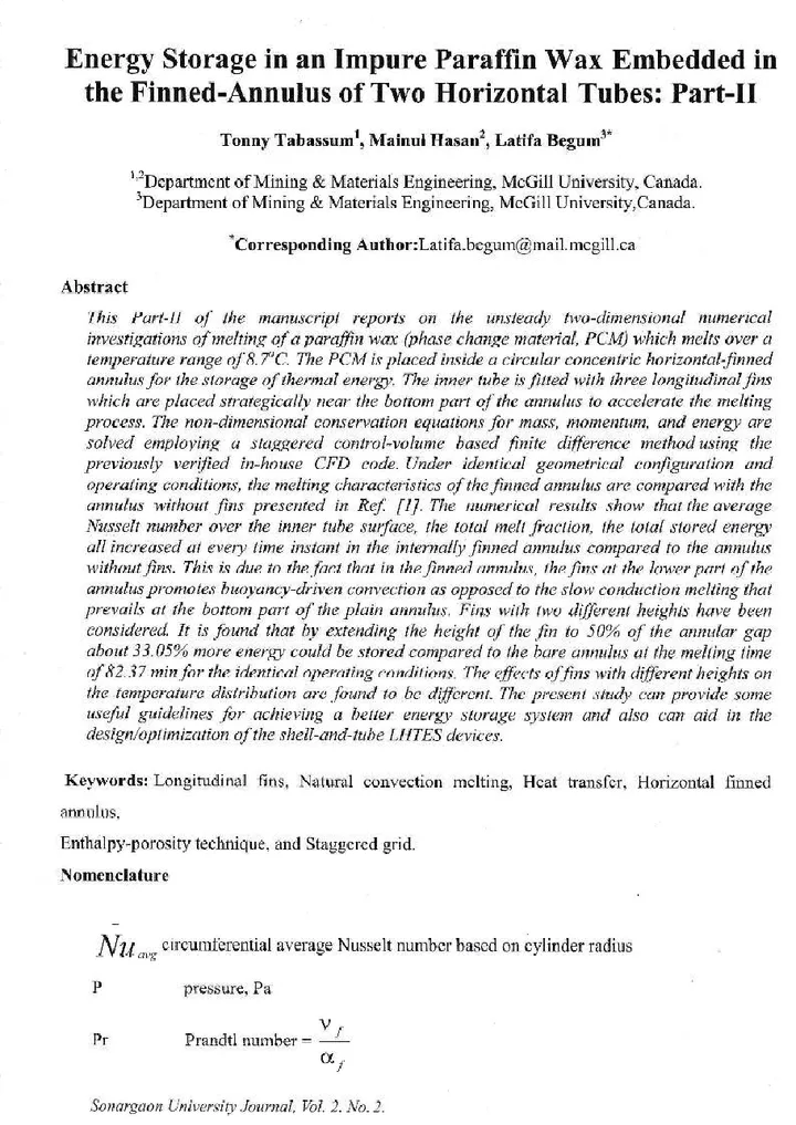 First page of Energy Storage in an Impure Paraffin Wax Embedded in the Finned-Annulus of Two Horizontal Tubes: Part-II