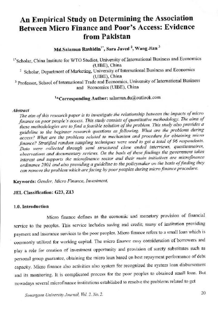 First page of An Empirical Study on Determining the Association Between Micro Finance and Poor’s Access: Evidence from Pakistan