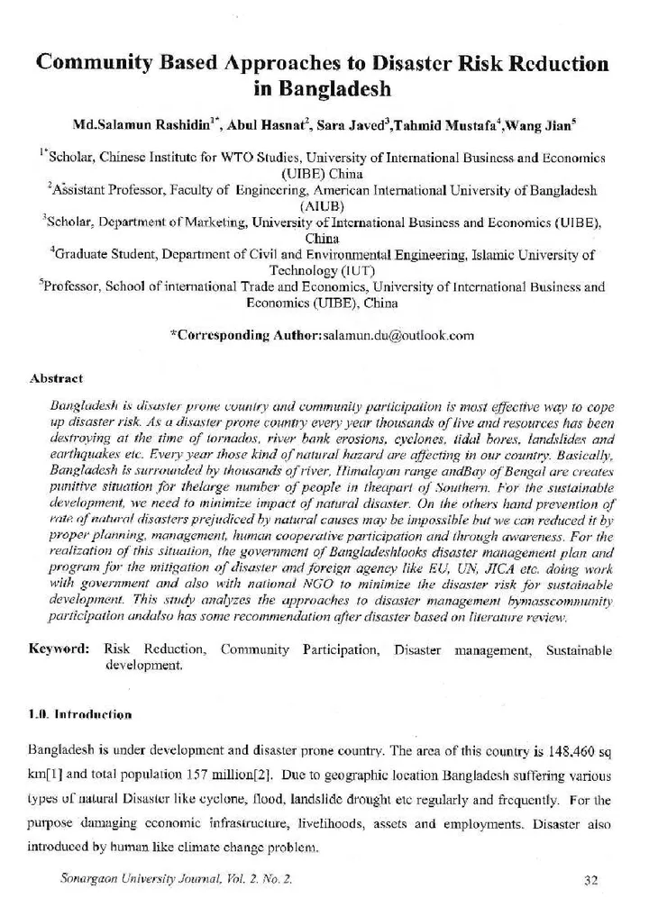 First page of Community Based Approaches to Disaster Risk Reduction in Bangladesh