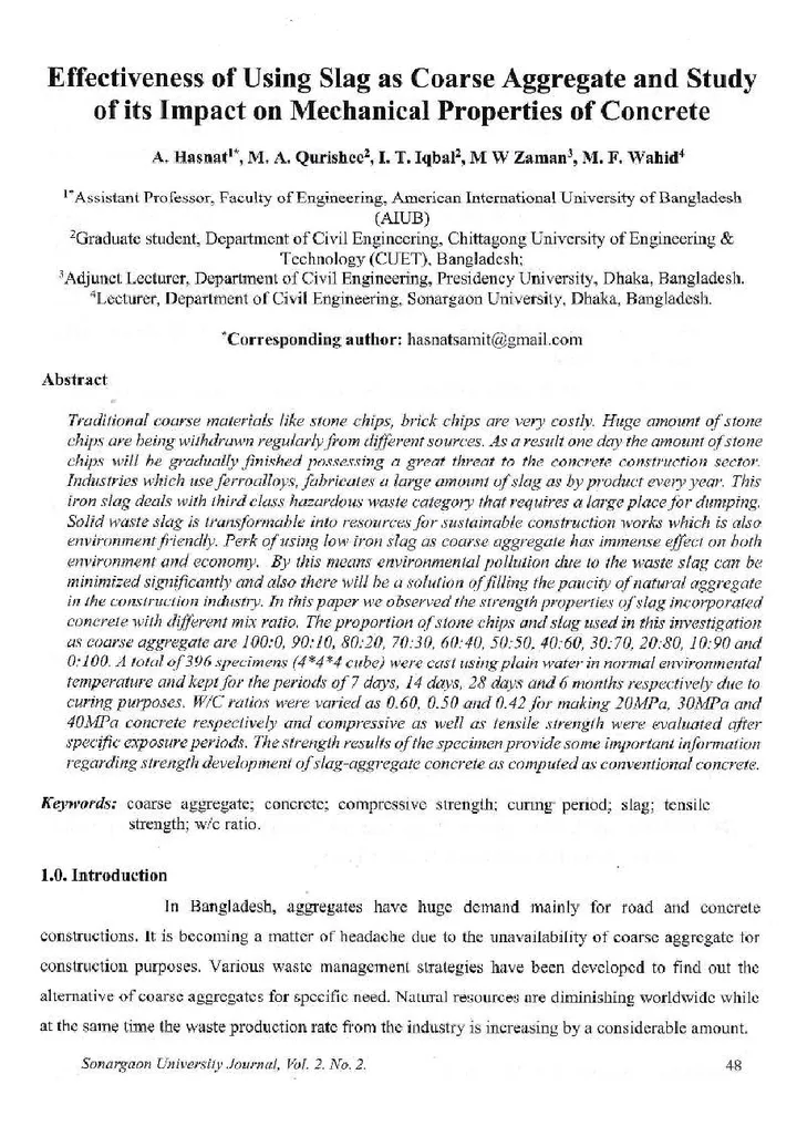 First page of Effectiveness of Using Slag as Coarse Aggregate and Study of its Impact on Mechanical Properties of Concrete