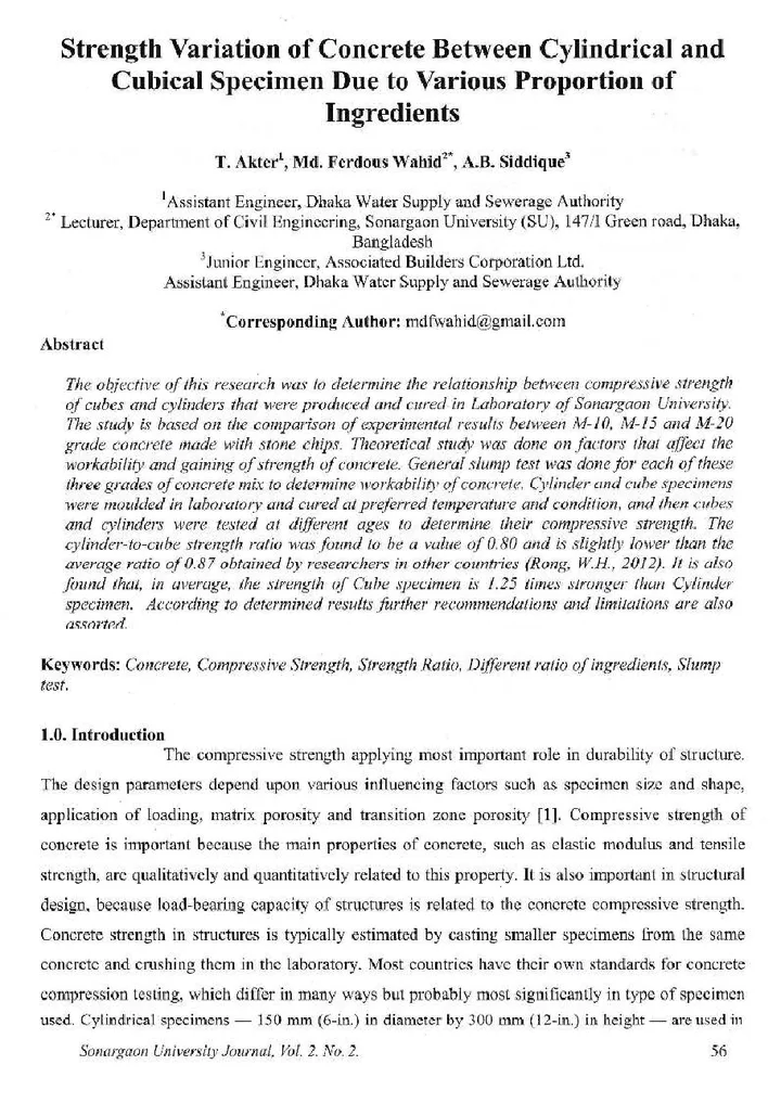 First page of Strength Variation of Concrete Between Cylindrical and Cubical Specimen Due to Various Proportion of Ingredients