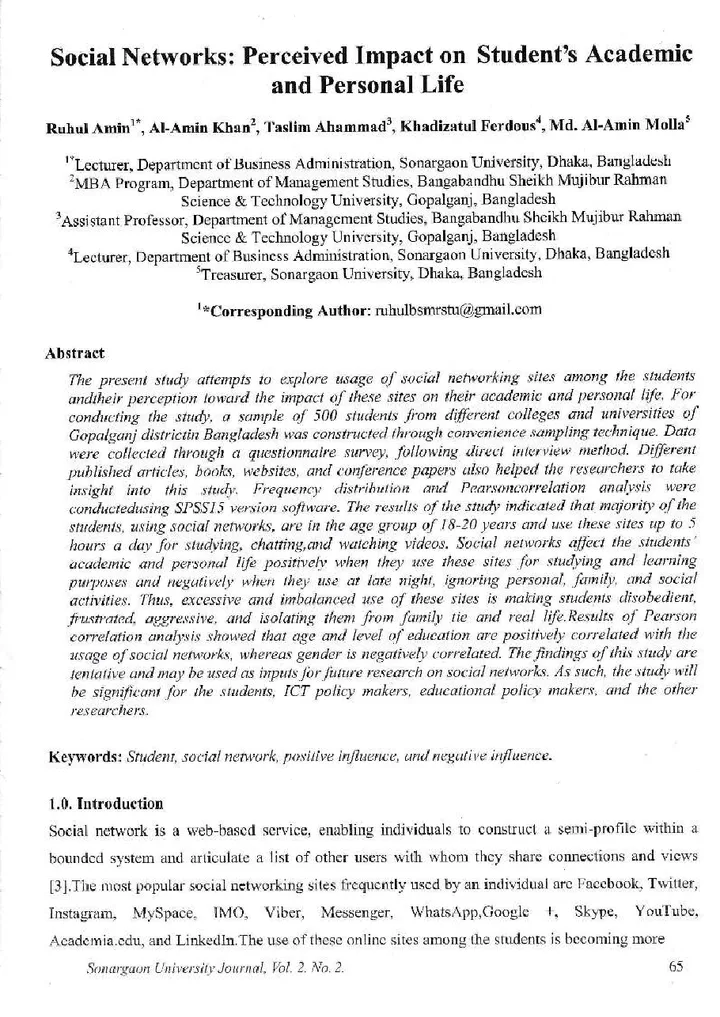 First page of Social Networks: Perceived Impact on Student’s Academic and Personal Life