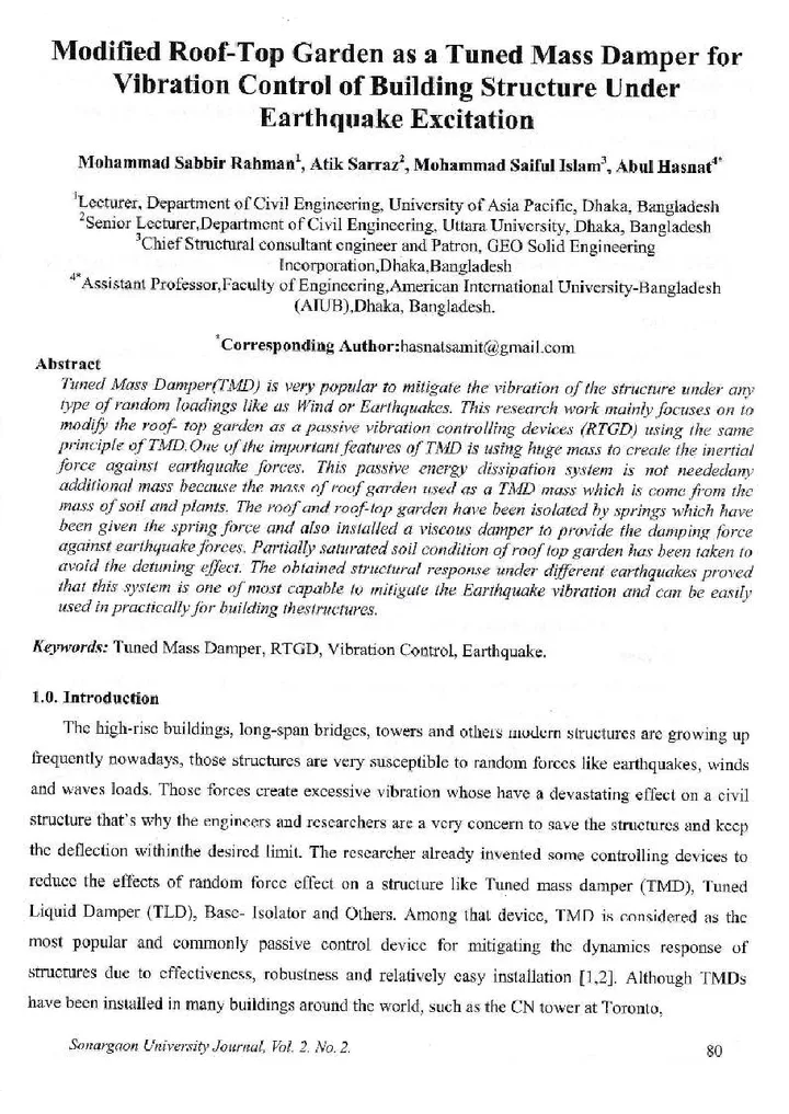 First page of Modified Roof-Top Garden as a Tuned Mass Damper for Vibration Control of Building Structure Under Earthquake Excitation