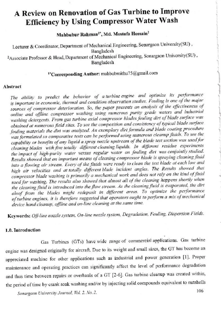 First page of A Review on Renovation of Gas Turbine to Improve Efficiency by Using Compressor Water Wash