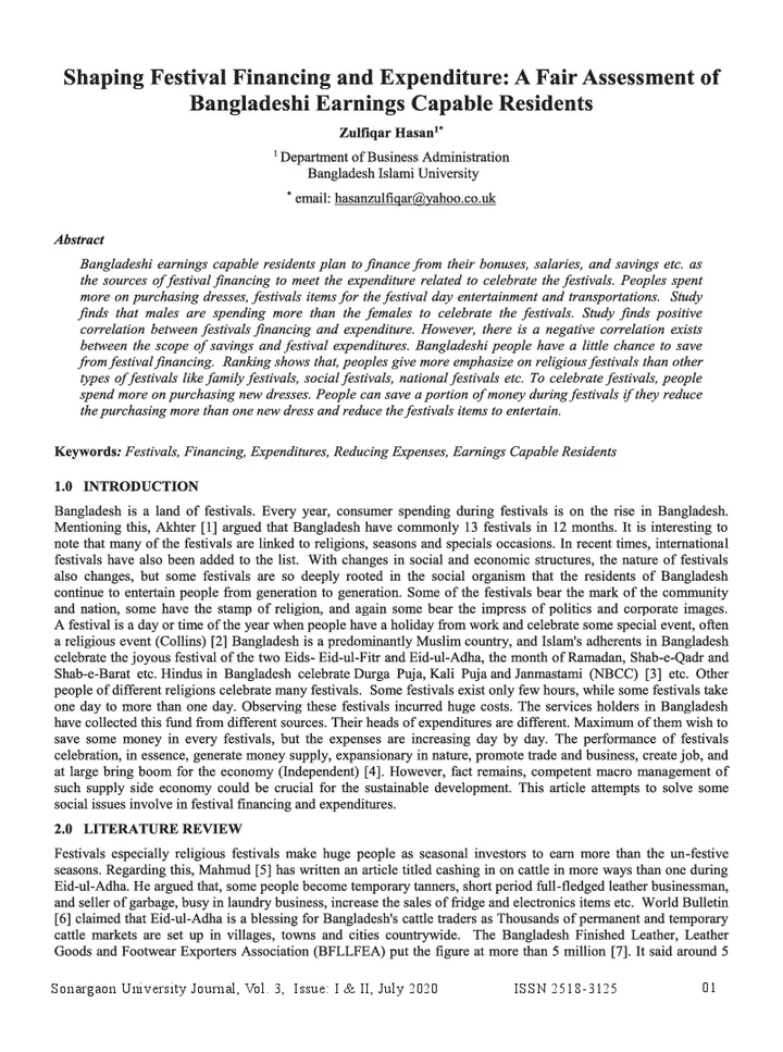 First page of Shaping Festival Financing and Expenditure: A Fair Assessment of Bangladeshi Earnings Capable Residents