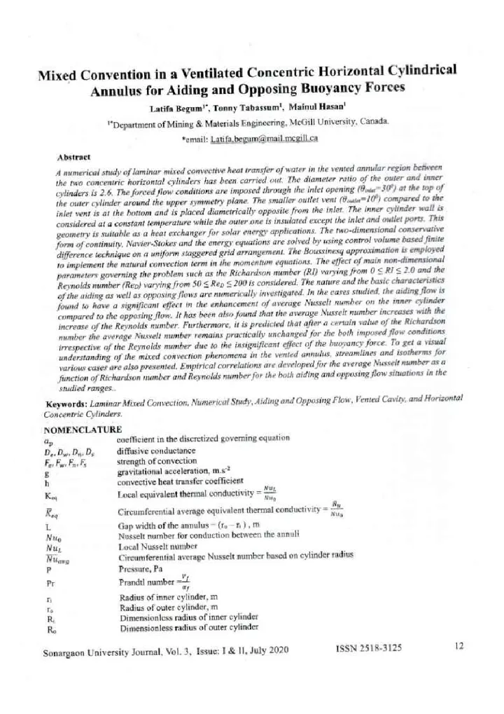 First page of Mixed Convention in a Ventilated Concentric Horizontal Cylindrical Annulus for Aiding and Opposing Buoyancy Forces