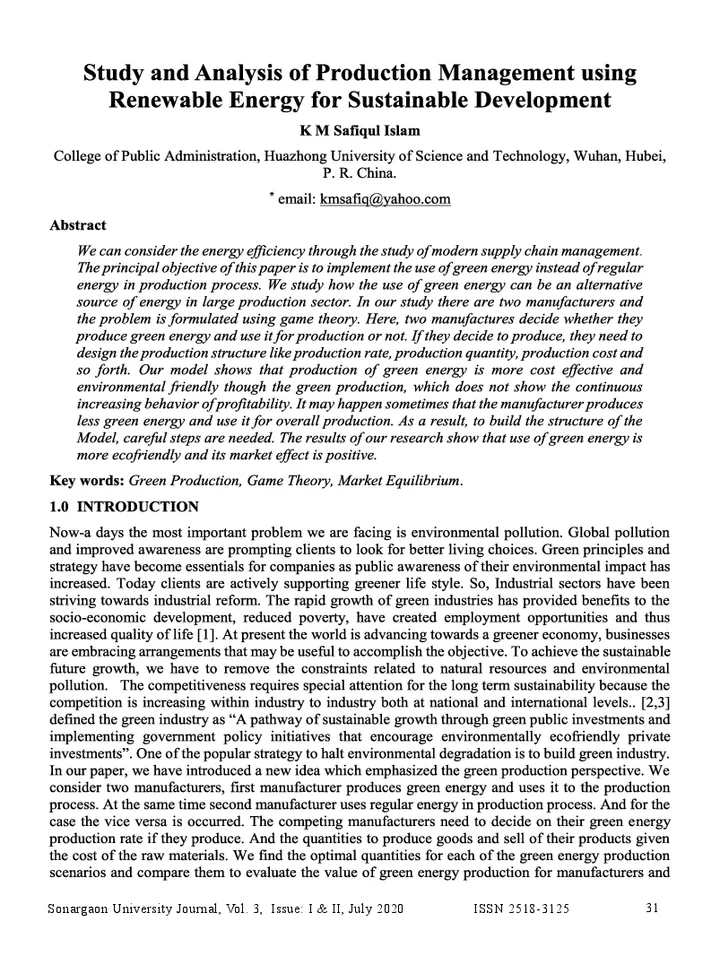 First page of Study and Analysis of Production Management using Renewable Energy for Sustainable Development