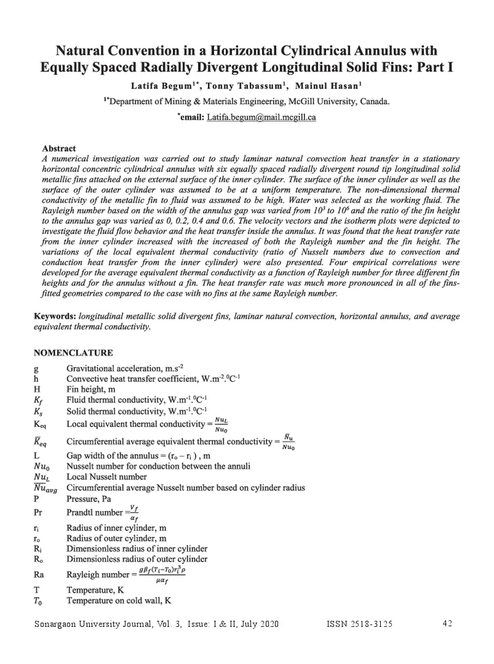 First page of Natural Convection in a Horizontal Cylindrical Annulus with Equally Spaced Radially Divergent Longitudinal Solid Fins: Part I