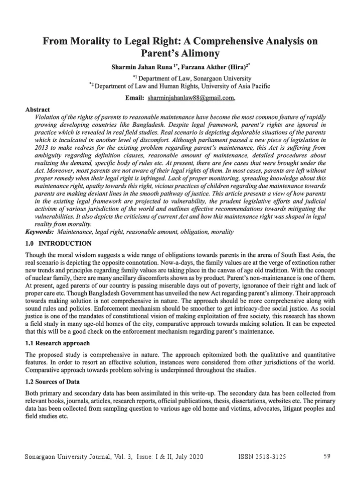 First page of From Morality to Legal Right: A Comprehensive Analysis on Parent’s Alimony
