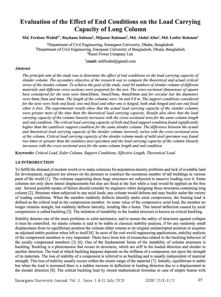 First page of Evaluation of the Effect of End Conditions on the Load Carrying Capacity of Long Column