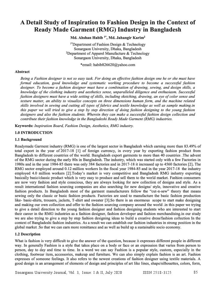 First page of A Detail Study of Inspiration to Fashion Design in the Context of Ready Made Garment (RMG) Industry in Bangladesh