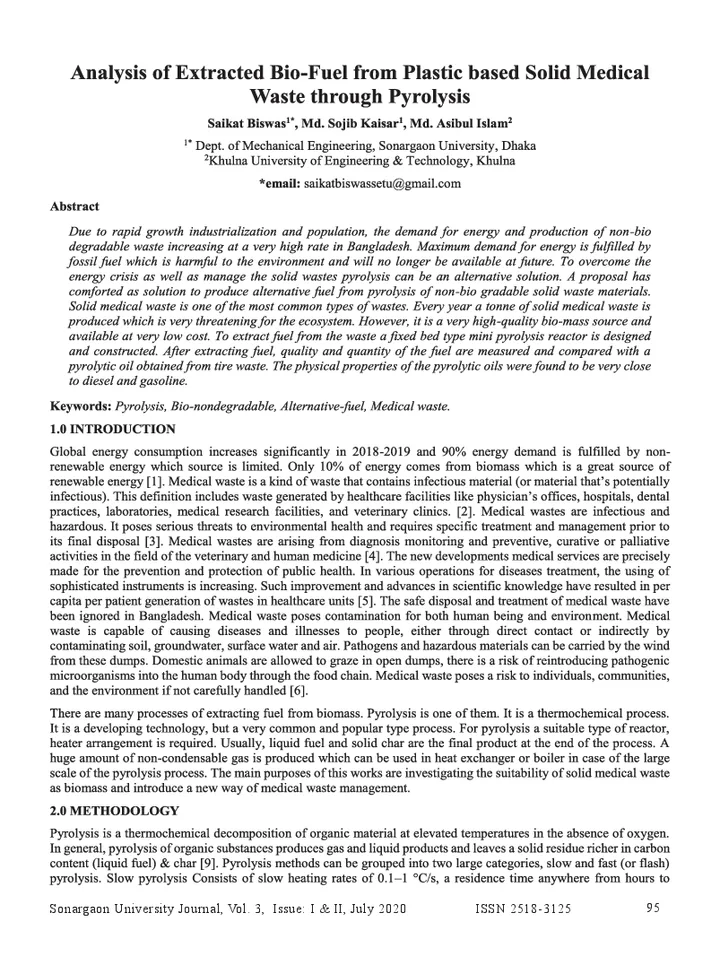 First page of Analysis of Extracted Bio-Fuel from Plastic based Solid Medical Waste through Pyrolysis