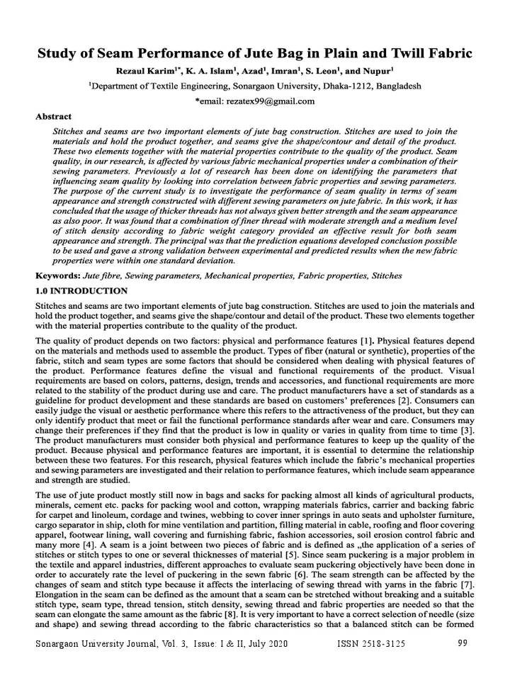 First page of Study of Seam Performance of Jute Bag in Plain and Twill Fabric