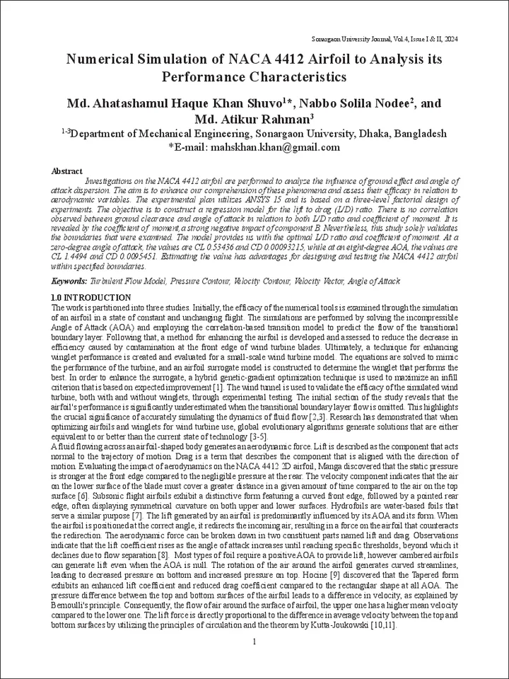 First page of Numerical Simulation of NACA 4412 Airfoil to Analysis its Performance Characteristics