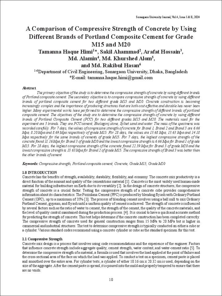 First page of A Comparison of Compressive Strength of Concrete by Using Different Brands of Portland Composite Cement for Grade M15 and M20