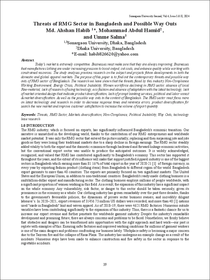 First page of Threats of RMG Sector in Bangladesh and Possible Way Outs
