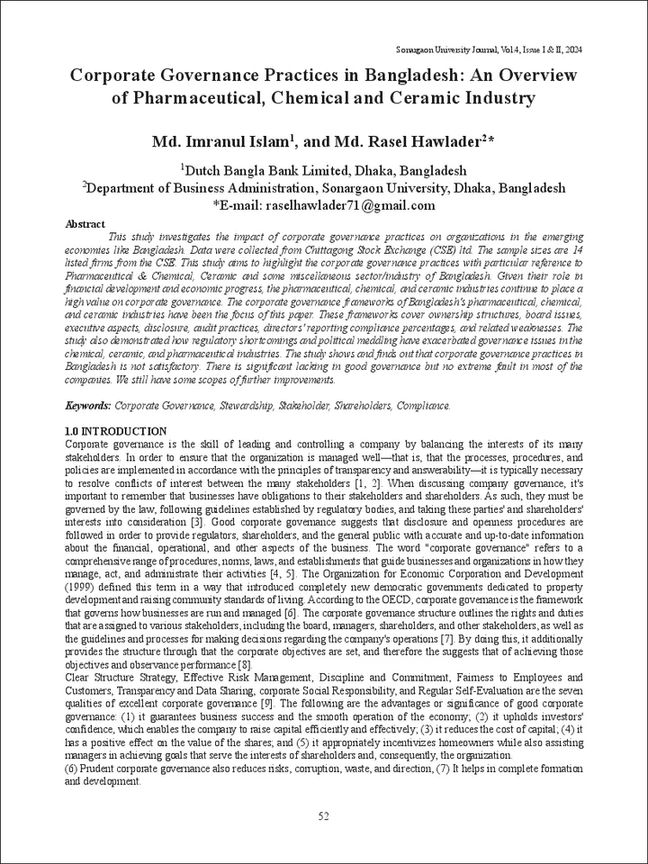 First page of Corporate Governance Practices in Bangladesh: An Overview of Pharmaceutical, Chemical and Ceramic Industry