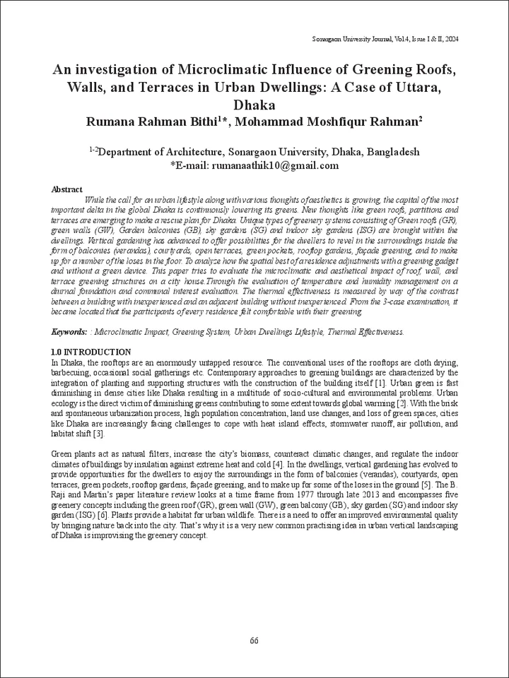 First page of An investigation of Microclimatic Influence of Greening Roofs, Walls, and Terraces in Urban Dwellings: A Case of Uttara, Dhaka