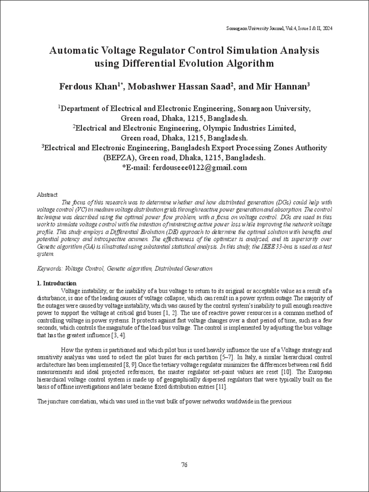 First page of Automatic Voltage Regulator Control Simulation Analysis using Differential Evolution Algorithm