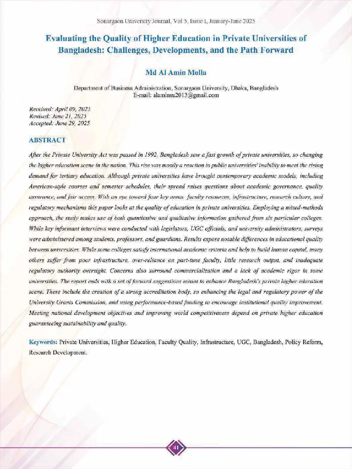 First page of Evaluating the Quality of Higher Education in Private Universities of Bangladesh: Challenges, Developments, and the Path Forward