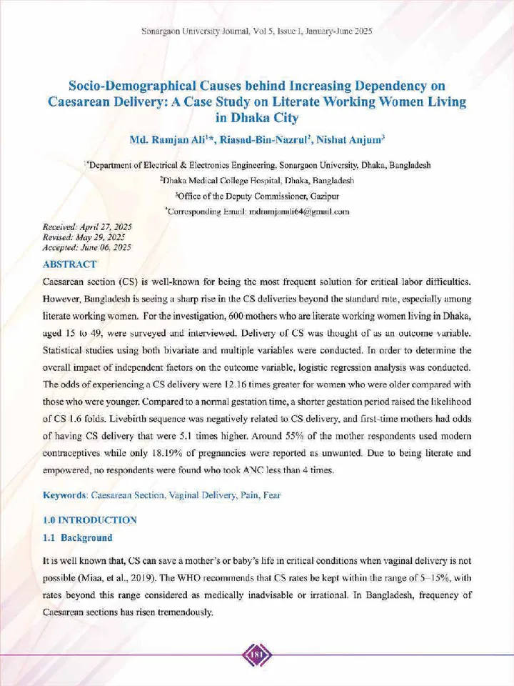 First page of Socio-Demographical Causes behind Increasing Dependency on Caesarean Delivery: A Case Study on Literate Working Women Living in Dhaka City