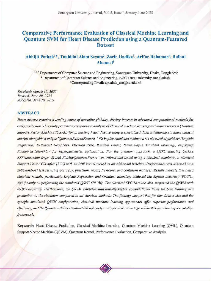 First page of Comparative Performance Evaluation of Classical Machine Learning and Quantum SVM for Heart Disease Prediction using a Quantum-Featured Dataset