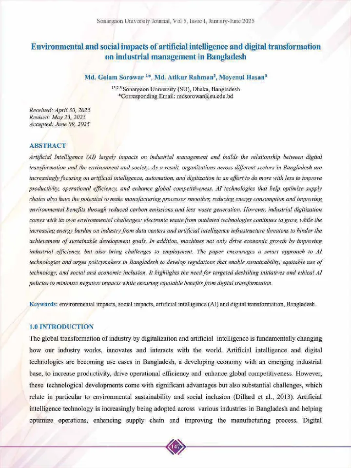 First page of Environmental and social impacts of artificial intelligence and digital transformation on industrial management in Bangladesh