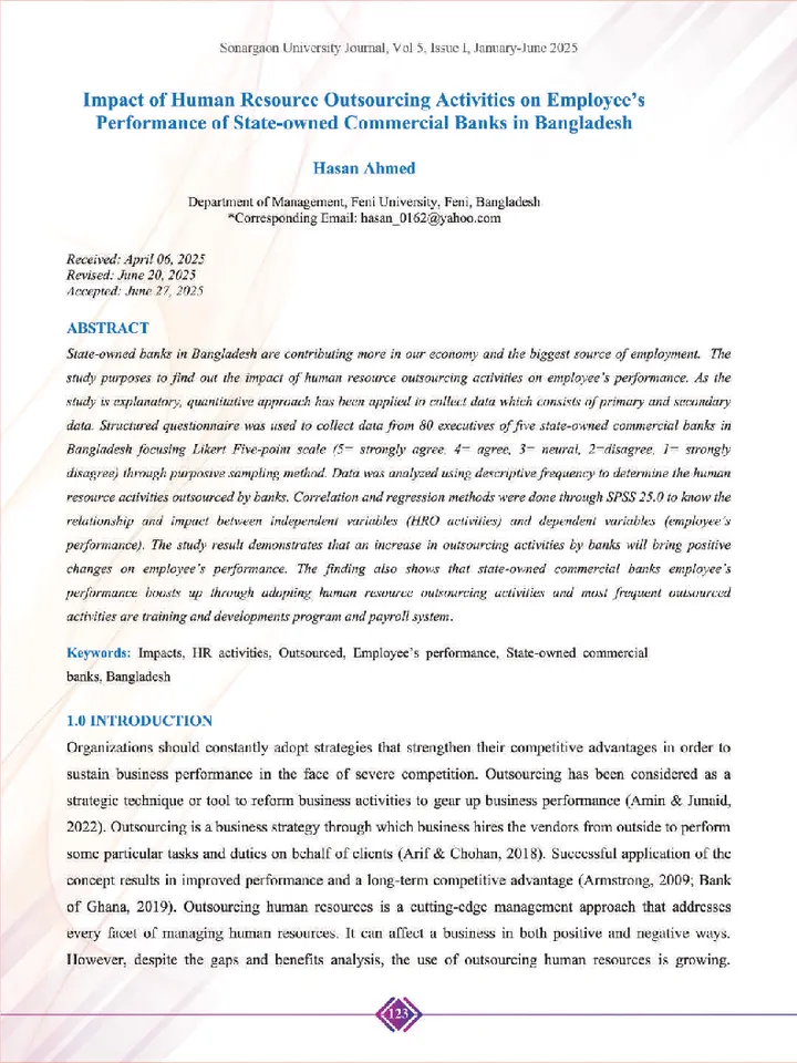First page of Impact of Human Resource Outsourcing Activities on Employee’s Performance of State-owned Commercial Banks in Bangladesh