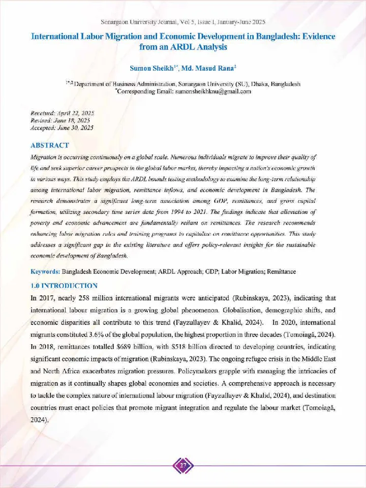 First page of International Labor Migration and Economic Development in Bangladesh: Evidence from an ARDL Analysis