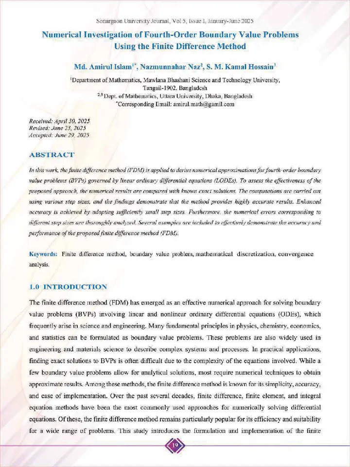 First page of Numerical Investigation of Fourth-Order Boundary Value Problems Using the Finite Difference Method