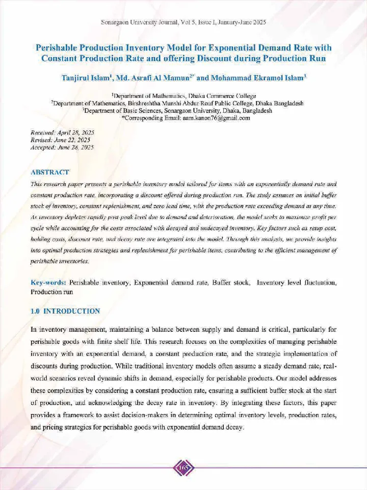 First page of Perishable Production Inventory Model for Exponential Demand Rate with Constant Production Rate and offering Discount during Production Run